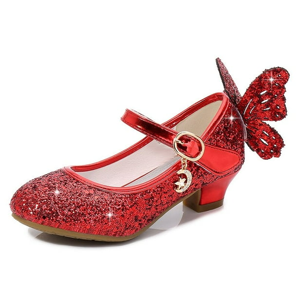 Princesse papillon chaussures en cuir enfants diamant nœud papillon haut  talon enfants fille danse paillettes chaussures mode filles fête danse