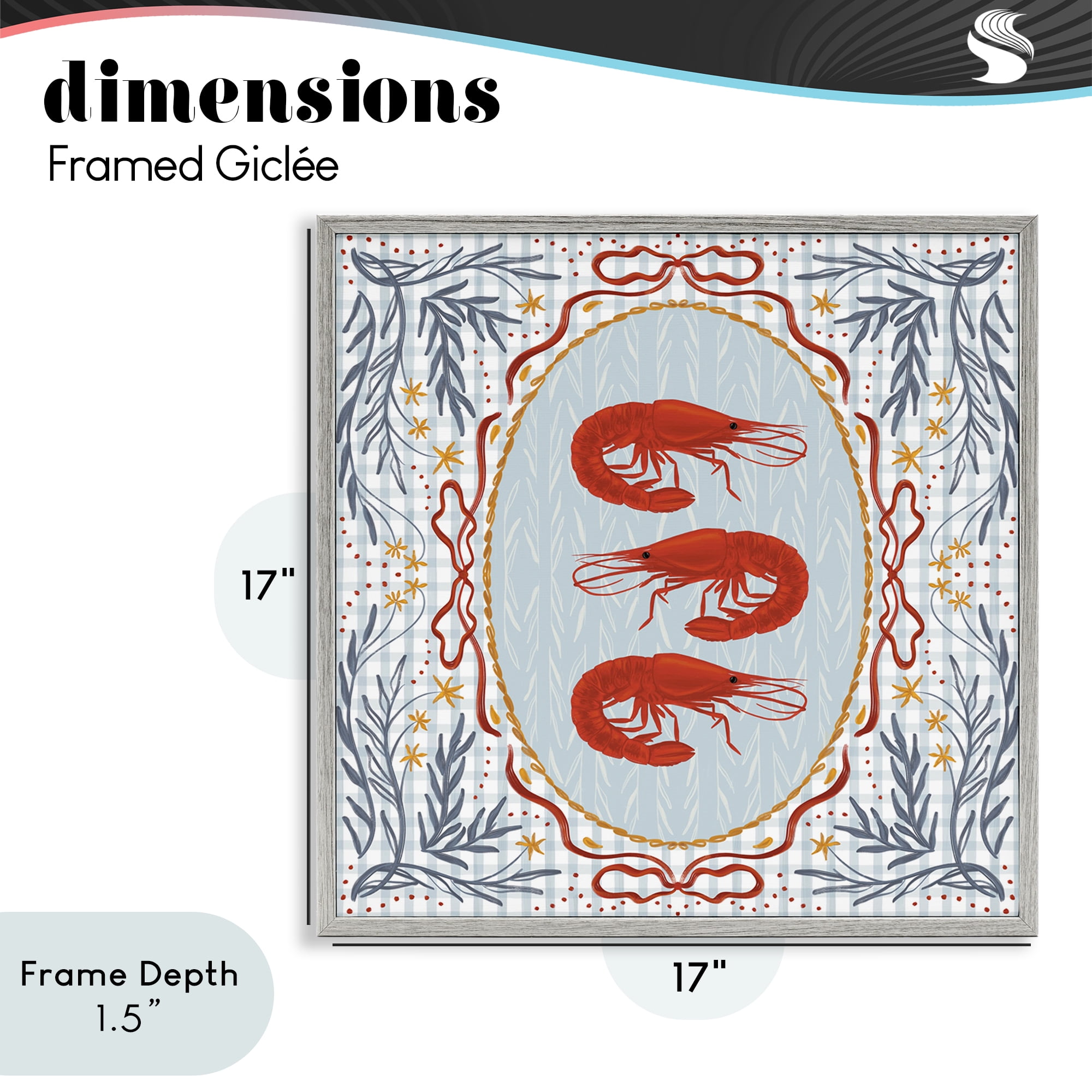 Stupell Industries Prawn Trio on Blue Gingham Gray Framed Giclee Art, design by Vero Illustrates