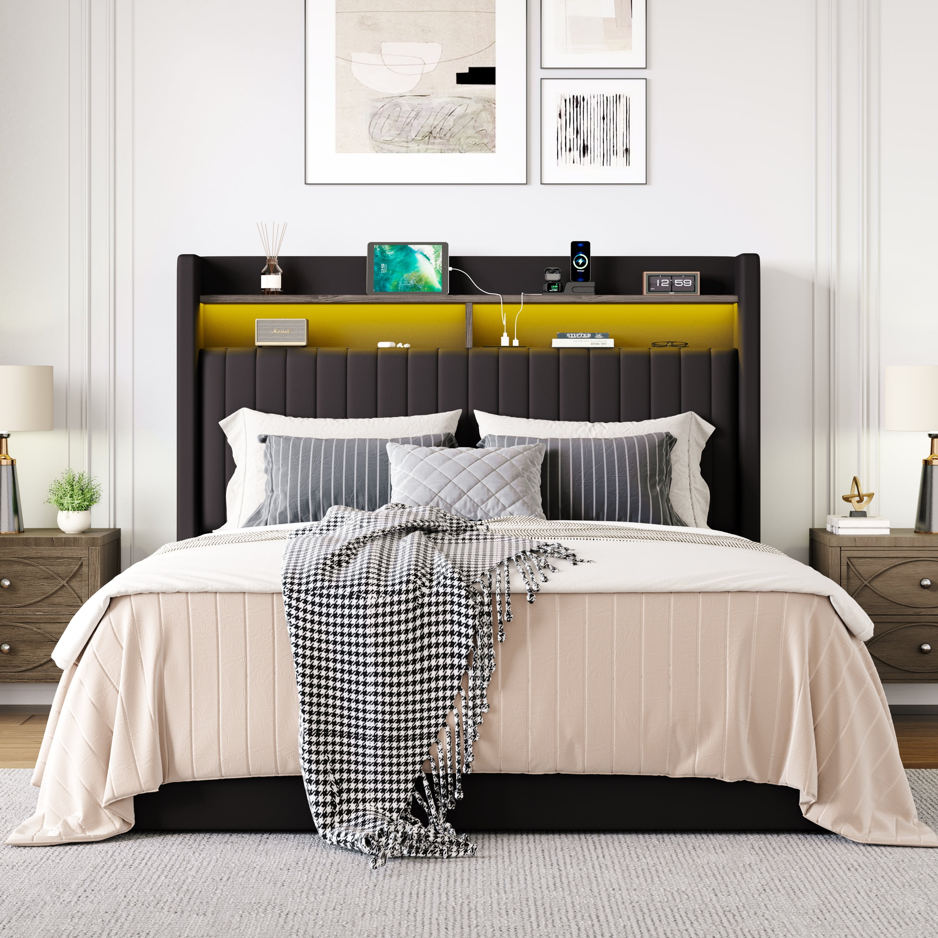 Amolife Full Hydraulic Lift-Up Storage Bed Frame, LED Headboard with Fast Charging (USB/Type-C), 2-Tier Shelves & Velvet Upholstered, Black