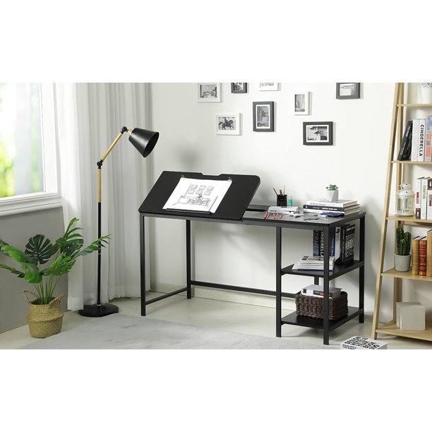 Drafting Table 55 Inch Drawing With Adjustable Tiltable Tabletop Multi Function Office Desk Storage Shelves Large Computer Writing Artist Craft Workstation For Painting Black Com Drafting Table 55 Inch Drawing, Art Desk With Storage