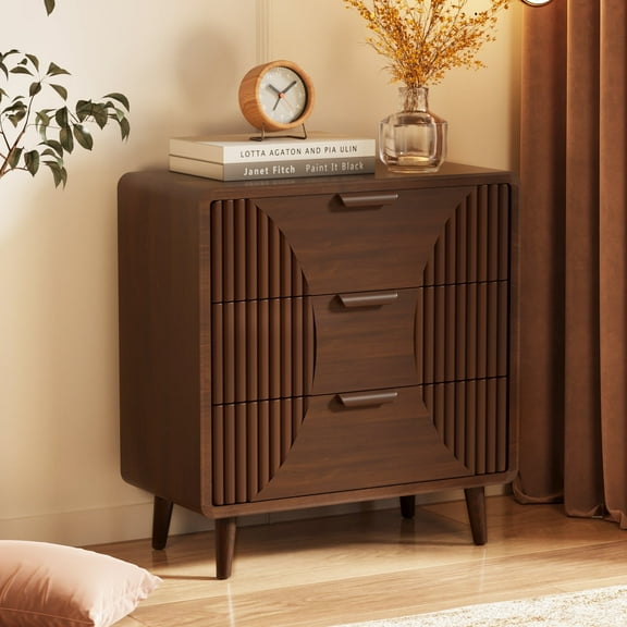 COSIEST Mid-Century Nightstand, Modern End Table w Striped Pattern, Vintage Accent Furniture w Storage Drawer, Wood Small Accent Table for Bedroom, Living Room