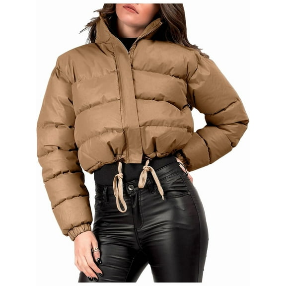 Women' S Cropped Quilted Puffer Jacket Outerwear Coats Khaki S