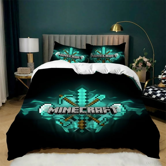 Minecraft Duvet Cover Set 3 Pieces Soft Breathable Bedding Set All Season Light-Weight Comforter Cover with Zipper Closure