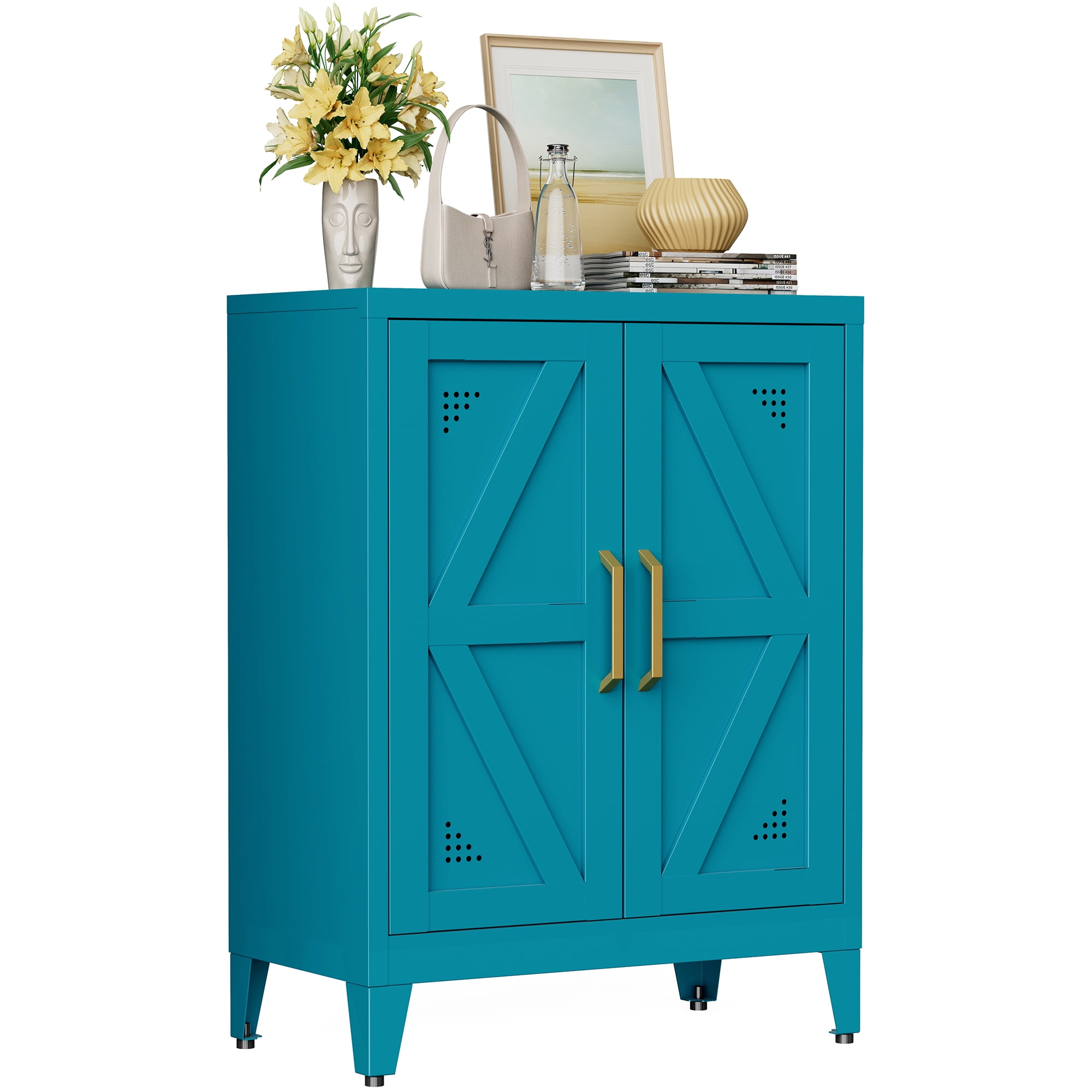 CXUZCZ Metal Buffet Cabinet, Bathroom Floor Storage Cabinet with 2 Adjustable Shelves, Freestanding Storage Sideboard for Entryway,Office, Restaurant, Living Room,11.8 x 23.6 x 31.5 Inches,Blue