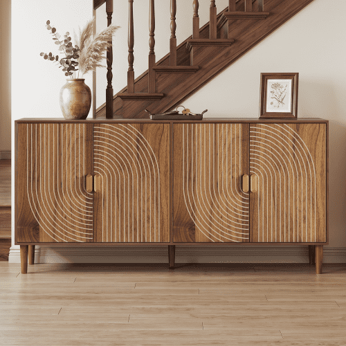 62.6" 4-Door Sideboard Buffet Cabinet, Mid-Century Modern Farmhouse Credenza with Vertical Grooved Doors, Adjustable Shelves, Accent Storage Cabinet for Dining Room, Living Room, Entryway, Walnut