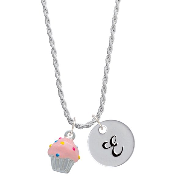 Delight Jewelry Silvertone 3-D Pink Cupcake with Sprinkles Silvertone Script Initial Disc - E - Charm Necklace, 20"+3"