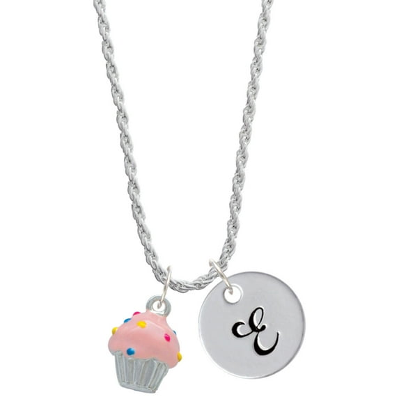 Delight Jewelry Silvertone 3-D Pink Cupcake with Sprinkles Silvertone Script Initial Disc - E - Charm Necklace, 20"+3"