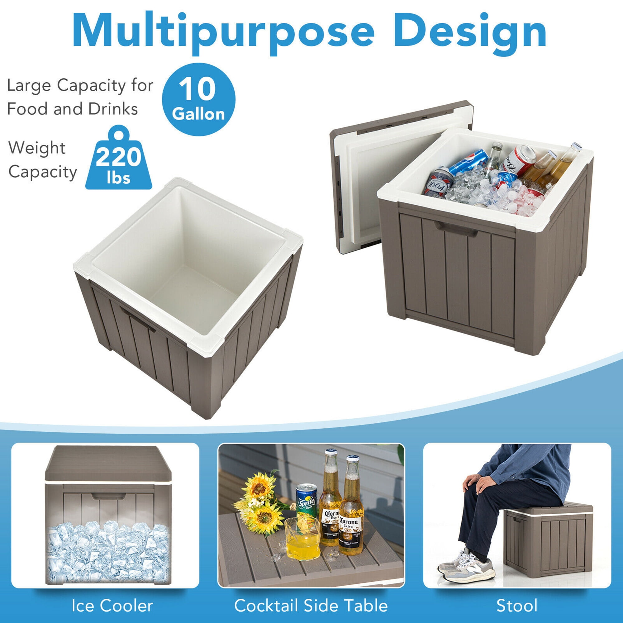 Gymax Patio 10 Gallon Ice Cube Cooler Box Table Stool Storage W/Handle Brown