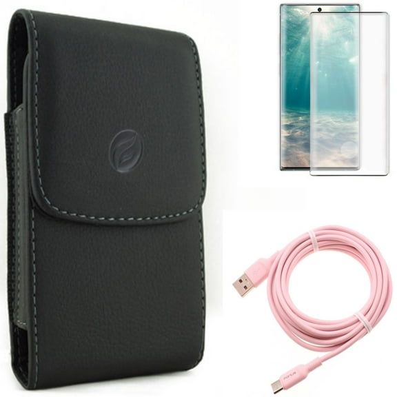 Case Belt Clip & Screen Protector & 10ft Long USB-C Cable for Samsung Galaxy Note 20 (6.7") - Combo with Leather Holster & Tempered Glass (Fingerprint Unlock) & Pink Charger Cord