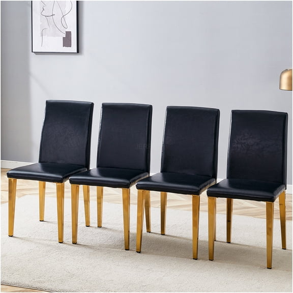 JERFIT Modern PU Leather Dining Chairs Set of 4, Black and Gold Accent Side Chairs with Metal Legs for Kitchen, Dining Room