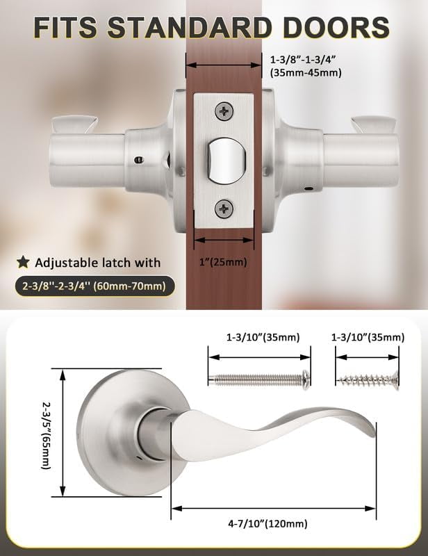 4 Pack Satin Nickel Modern Interior Passage Door Knobs, Keyless Door Handle for Hallway & Closet, Wave Style Non-Locking Door Lever Reversible for Left & Right Handed