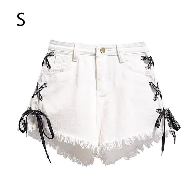 Pantalones cortos de mezclilla para mujer Pantalones cortos sueltos de Jean para niña Pantalones ajustados de cintura alta, Blanco, S Sweethay AP001242-01B