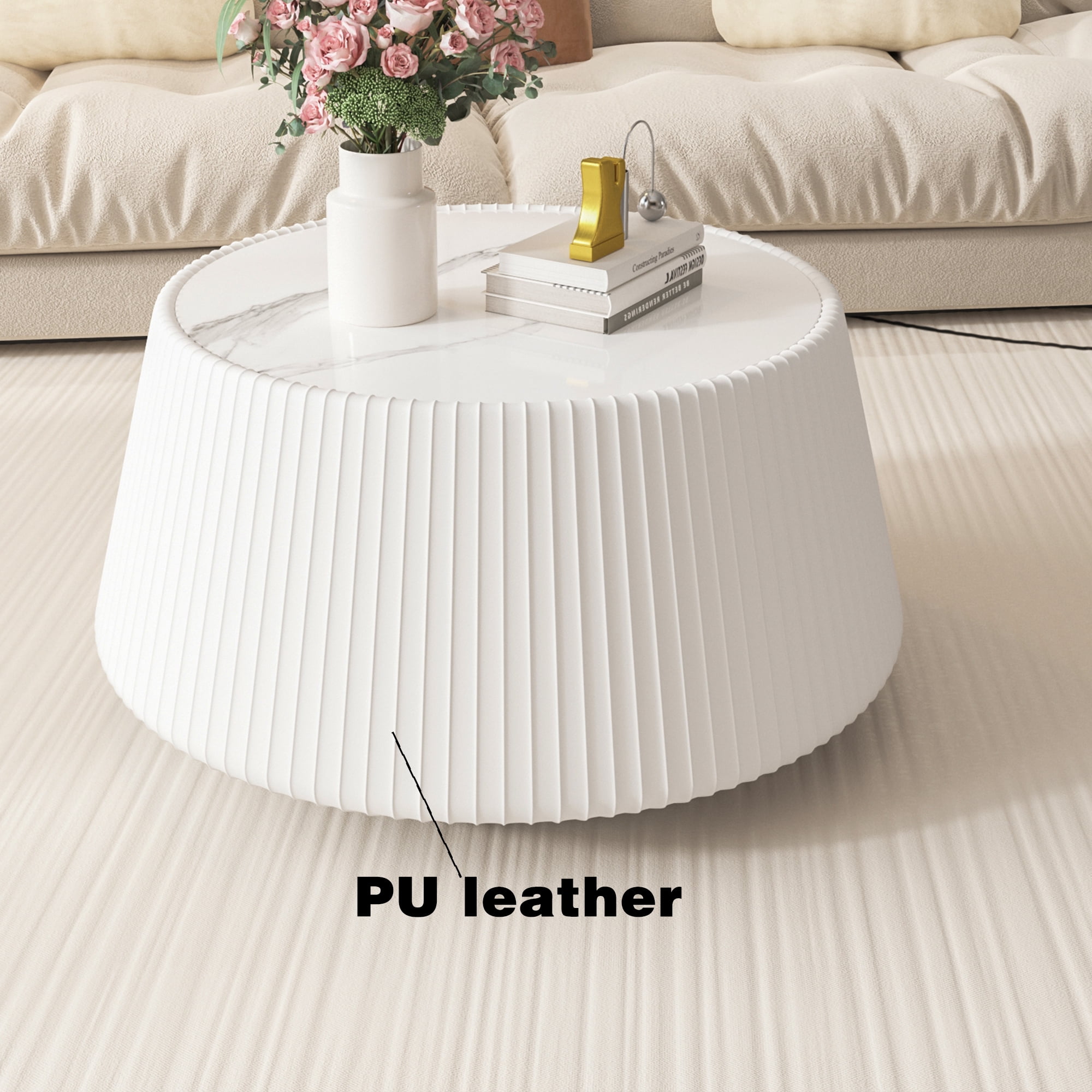 Leumius Light Sintered Stone Top Cup Shape Leather Coffee Modern Sofa Table for Apartment Living Room Furniture White 1