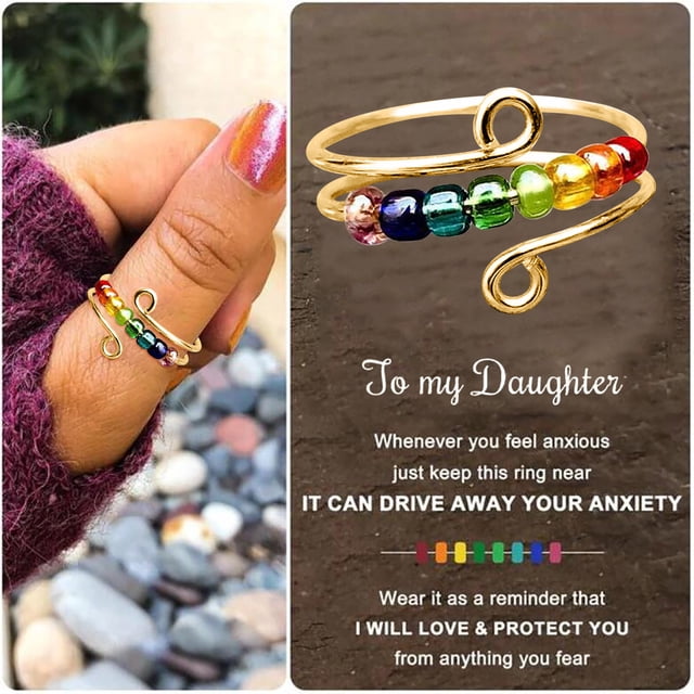 Fiudx Anillo Antiestrés, Joyería Ajustable con Cuentas S925, Recordatorio para Aliviar La Ansiedad, Cómodo para El Manejo Del Estrés, Regalo Ideal para Mujeres, Mensaje Motivador Incluido.