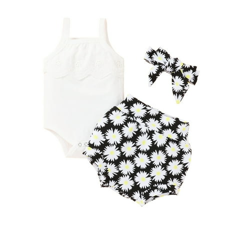 

Baby with Headband Toddler Kids Girls Clothes Casual Beach Lace Print Sleeveless Strap Suspenders Romper Shorts Bowknot 3PCS Outfits Set Sweatsuit Teen Girl
