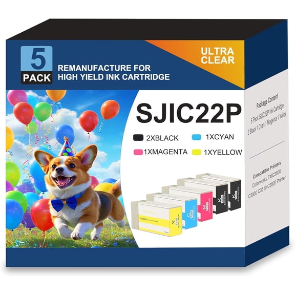 SJIC22P Ink Cartridge Replacment for Epson TM-C3500 Ink Colorworks TM-C3500 TMC3500 C3500 C3510 C3520 Printer Ink (5-Pack,2Black Cyan Magenta Yellow)