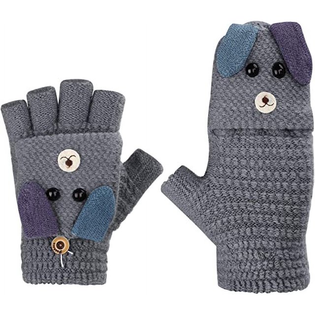 BEMS-Edad 6-12 años Guantes Niños Niñas Manoplas convertibles Invierno Tejer Lana Medio Dedo Guantes Suaves Cálidos Mágicos Lindo Patrón de Perro Guantes Esquí al aire libre Snowboard Ciclismo