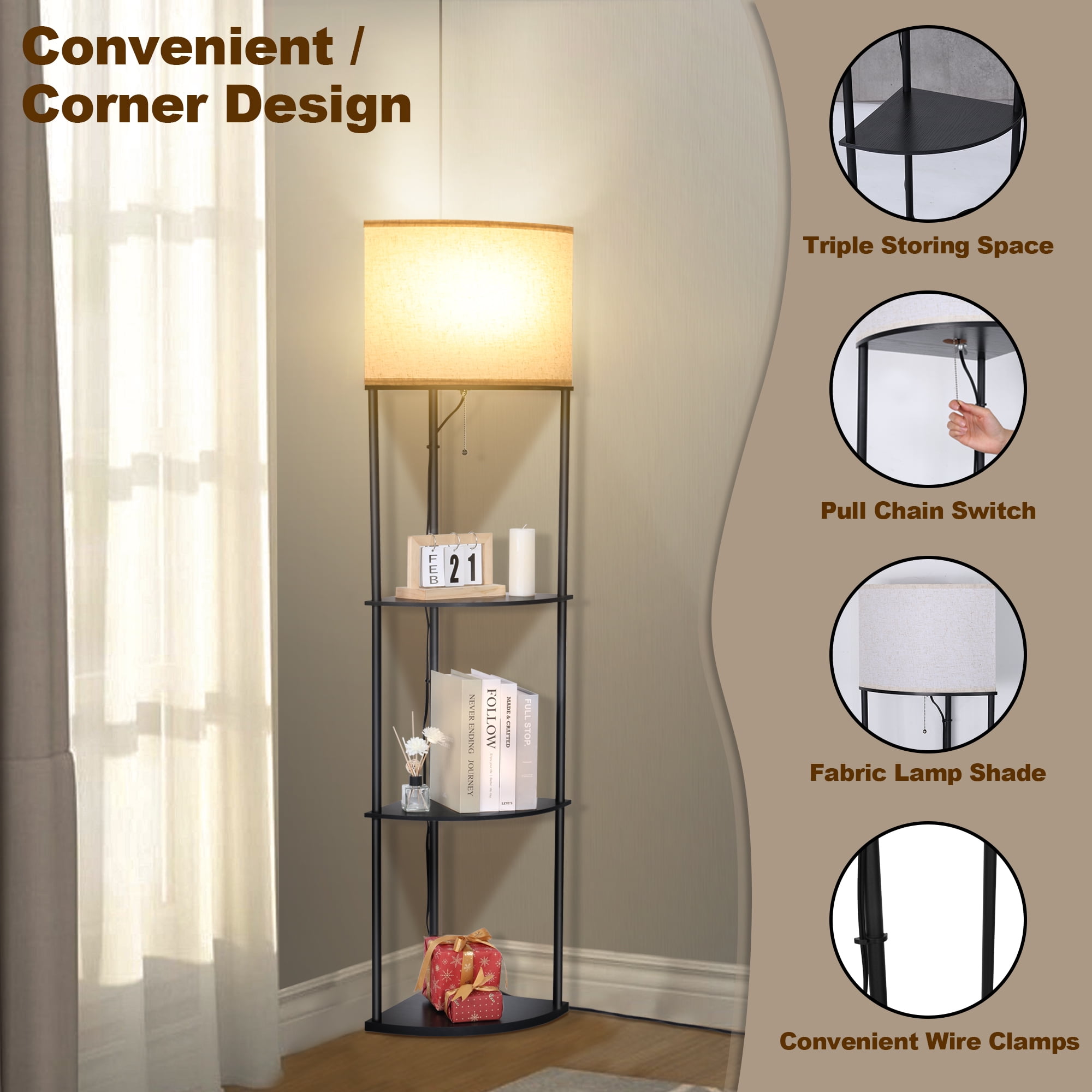 Vesteel Corner Floor Lamp for Living Room, Standing Lamps with with 3-Tier Shelves & 3 Color Temperature LED Bulb, Tall Lamp for Bedroom Reading Room & Office