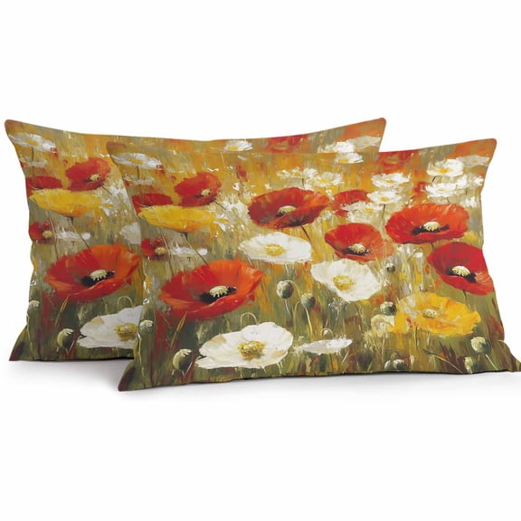 Retro Floral Outdoor Pillow Covers Pack of 2 Red White Yellow Poppy Lawn Oil Painting Waterproof Throw Pillow Covers Decorative Cushion Cases for Patio Garden Tent Balcony Couch 20x12 inch