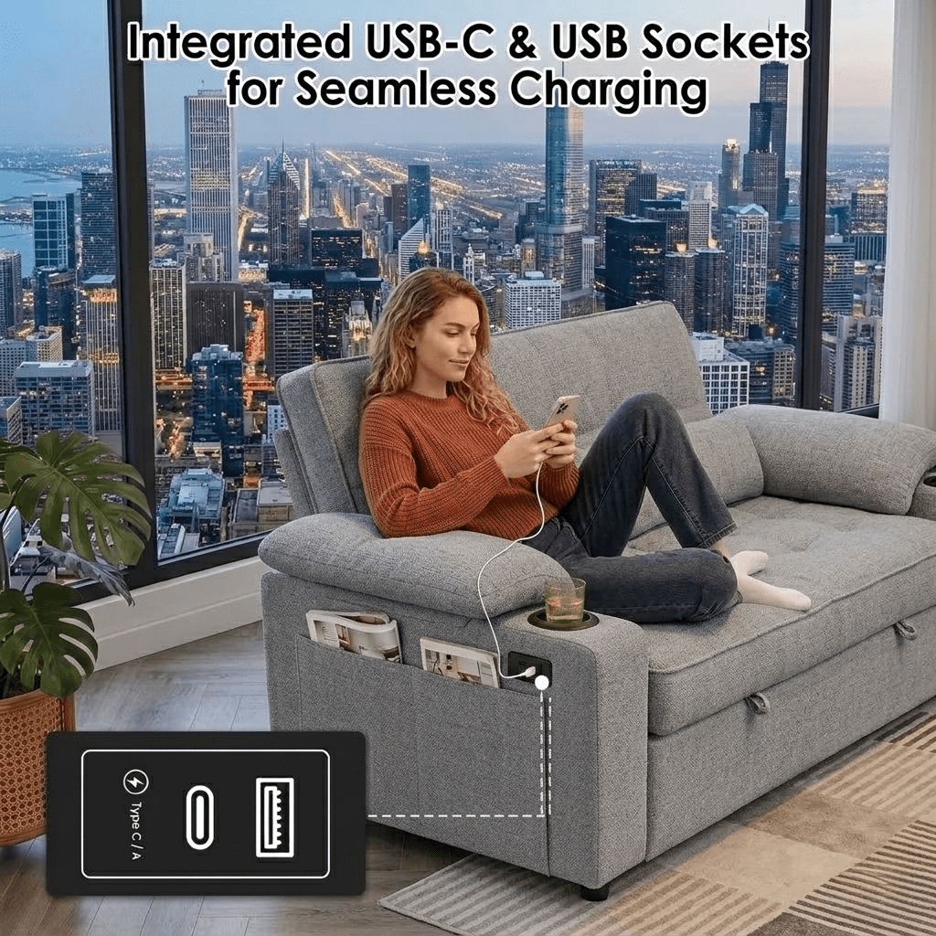 58" Convertible Sofa Bed Pull Out Couch Sleeper Loveseat with Teddy Fabric USB Charging Ports Adjustable Backrest Cup Holders and Side Pocket for Living Room Apartment Small Spaces,Light Grey