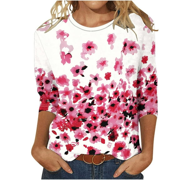 WXLWZYWL Items Free Shipping Womens 3/4 Sleeve T Shirt Printed Top Pullover Round Neck Color Block Casual Loose Tunic Tee