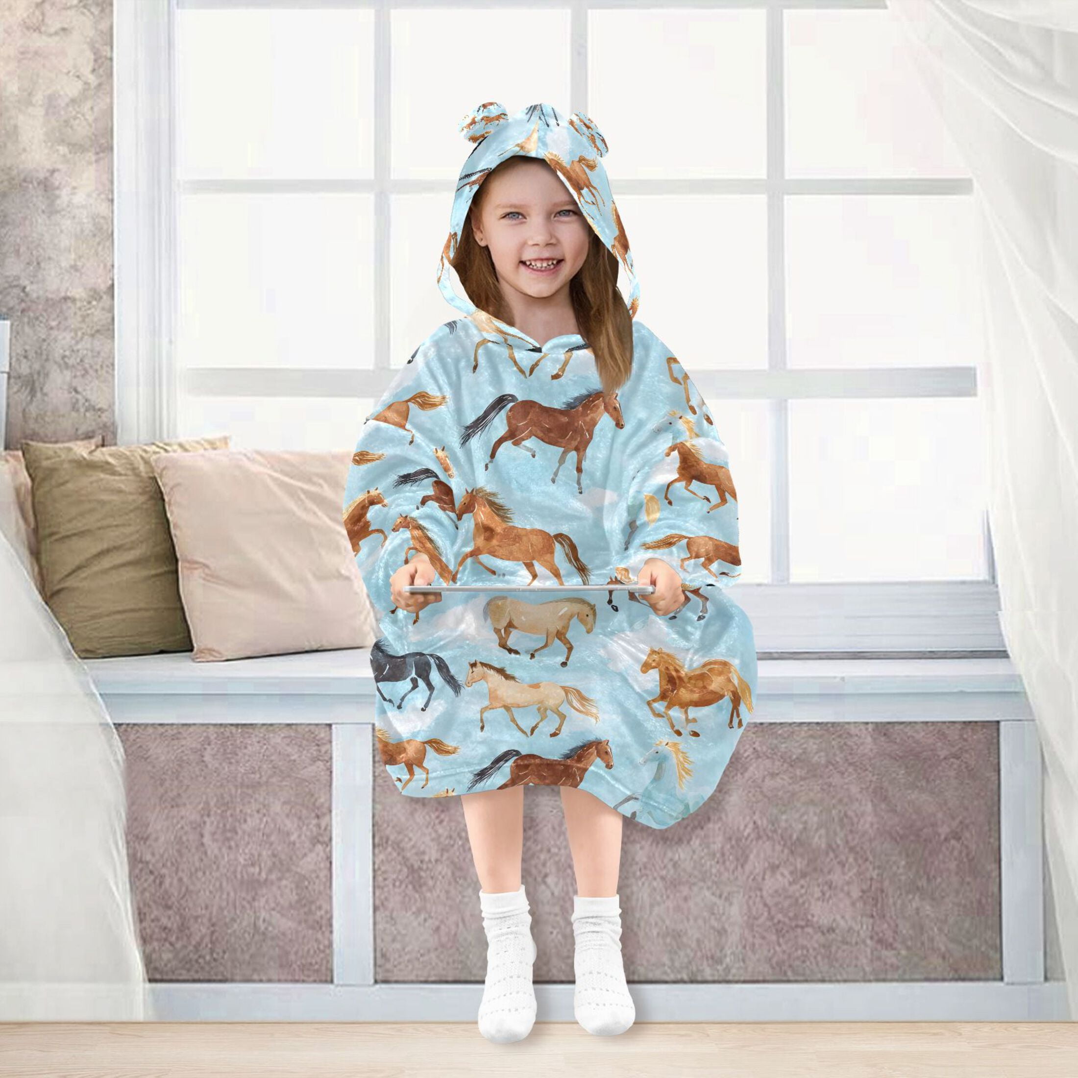 joogoo Wearable Blanket Hoodie for Running Horse Blue Flannel Sherpa Pocket 3-14 YR S