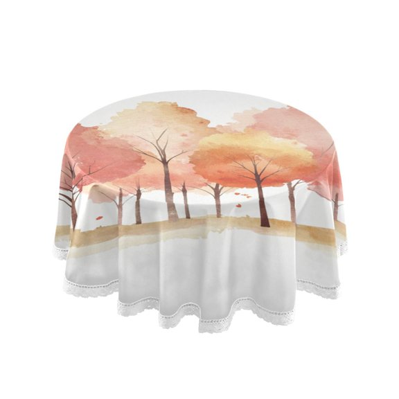 Round Single Sided Printed Tablecloth, 60 Inch Polyester Round Table Cover with White Lace Trim, Wrinkle Resistant Decorative Table Cloth for Home Orange Tree