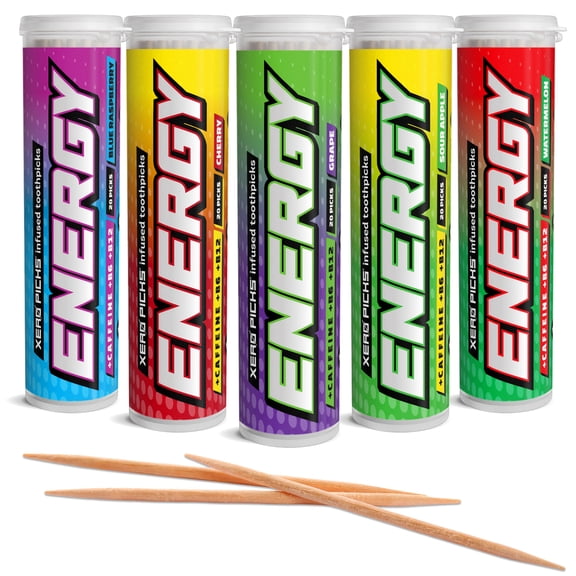 Xero Picks Energy Caffeine Flavored Toothpicks B12 for Focus & B6 (Variety, Pack of 5) Sugar-Free Alternative to Energy Mints & Gum - Kosher