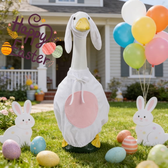 HaCpiu Easter Porch Goose Outfits, 19.7" Spring Goose Clothes with Bunny Ears, Porch Goose with Outfits for Lawn Yard Garden, Outdoor Patio Party Decor