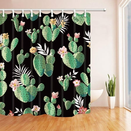 BPBOP Plants Decor Cactus in the Black Background Polyester Fabric Bathroom Shower Curtain 66x72