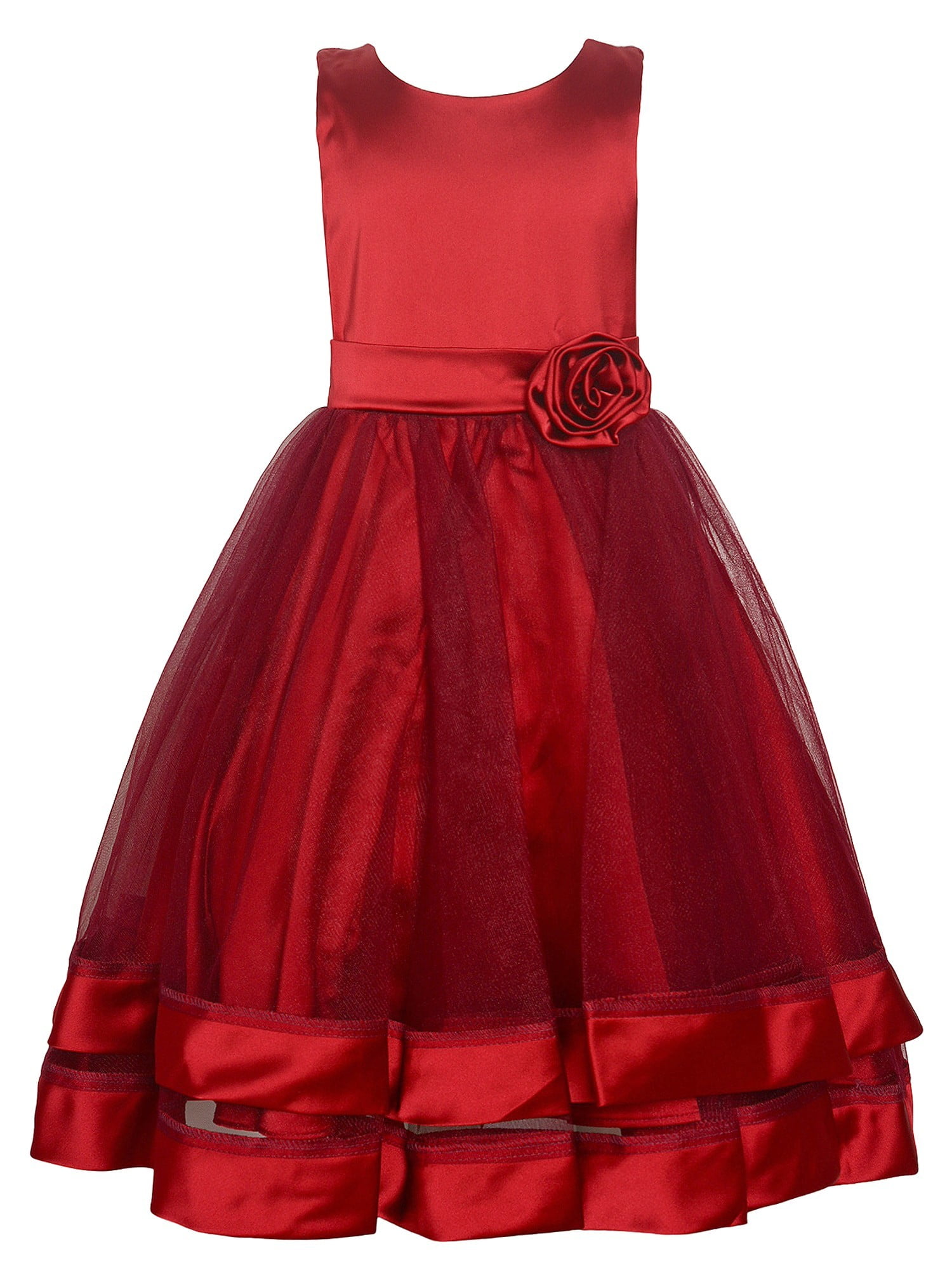 Princess Kloset Girls Red Mesh Overlay Rolled Flower Christmas Dress
