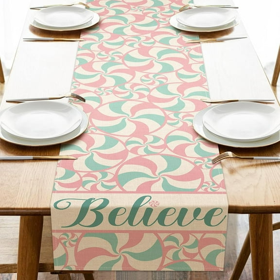 Christmas Peppermint Candy Table Runner, Pink Xmas Believe Kitchen Dining Table Decoration, Winter Burlap Indoor Outdoor Home Decor Holiday Party Supply 13 x 72 Inches