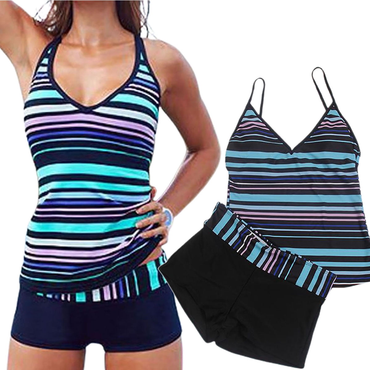 Travelwant 2Pcs/Set Two Piece Blouson Tankini Swimsuits for Women Modest Bathing Suits Loose Fit
