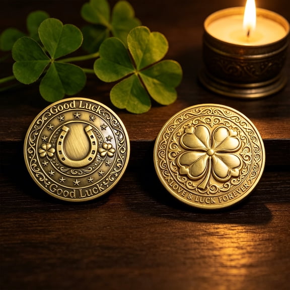 Vintage Horseshoe Four Leaf Clover Metal Decor Token 2D Color Printed Alloy Collectible Coin for Adult Tabletop Display and Good Luck Blessing Home Decoration 1.57 Inch Round