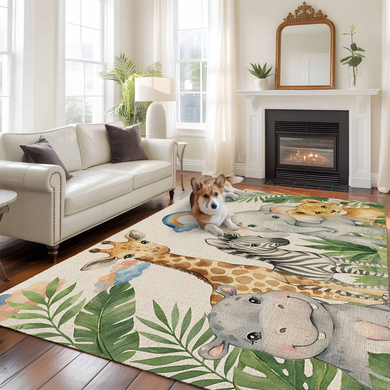 Cute Animals Area Rugs 6'x9', Washable Small Throw Rugs for Kitchen Dining room, Rustic Summer Botanical Palm Leaves Indoor Outdoor Rug Non-Slip Low Pile Carpet Runner Reversible Floor Mats