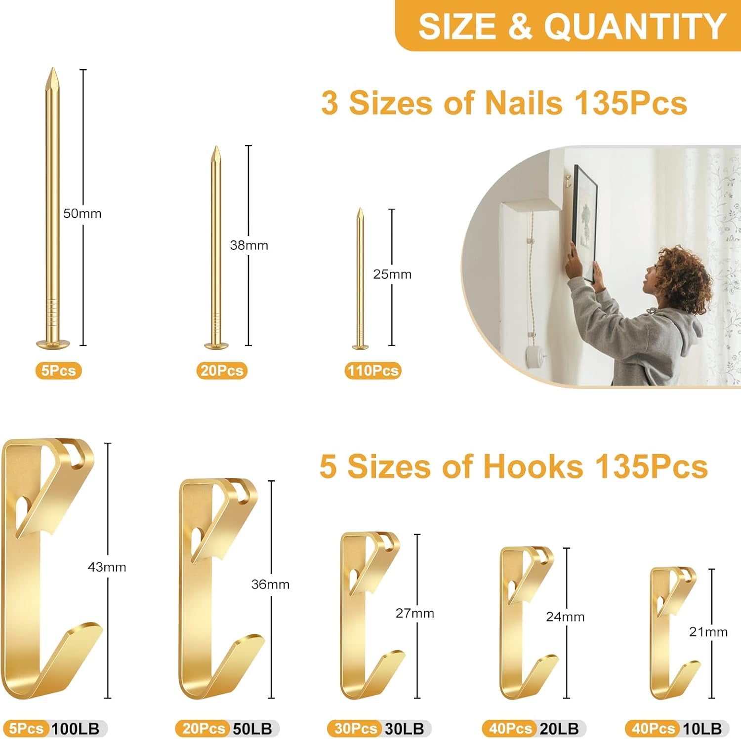 Picture Hanging Kit, Hangers Including Various Weight Capacities, Hooks with Nails for Drywall and Wooden Wall