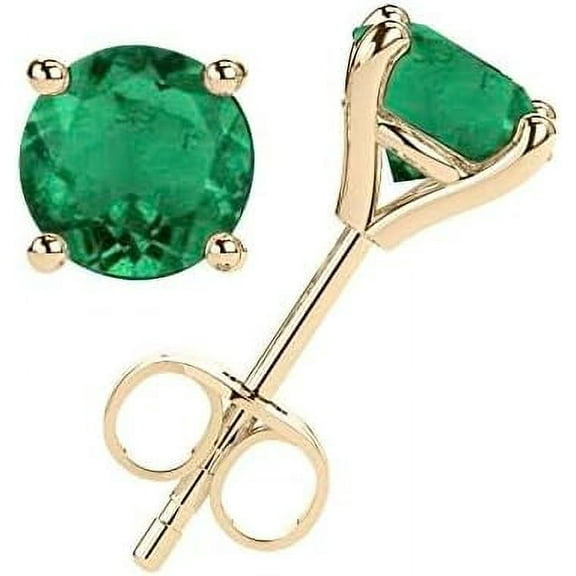 14K Gold Solitaire Genuine Natural Green Emerald Stud Earrings for Women | May Birthstone | Holiday Collection (1/2 Cttw)
