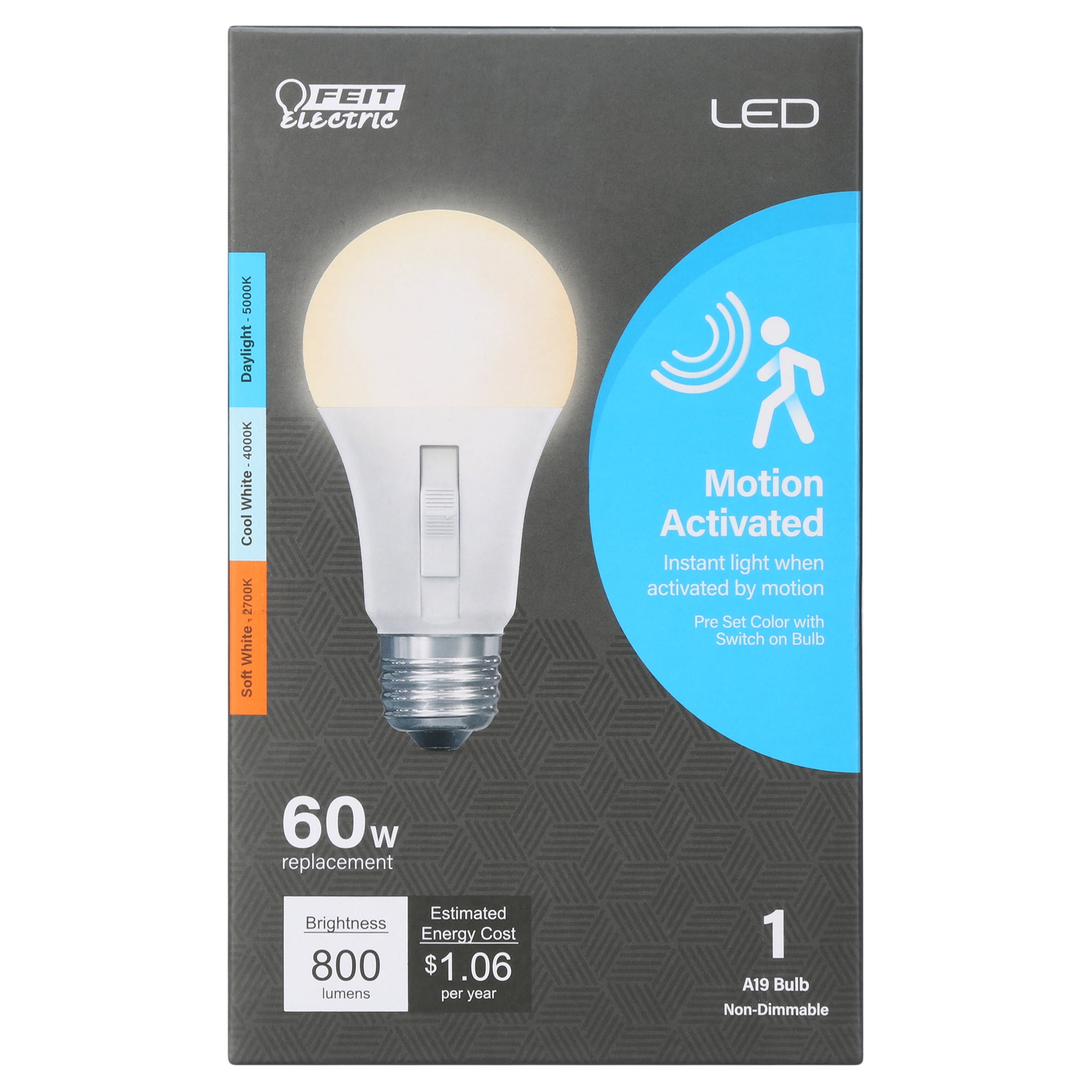 Feit Electric Feit A19 LED 8.8W (60 Watt Equivalent) Selectable White, E26 Base, Motion Sensor Light Bulb
