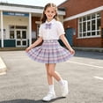 thumbnail image 5 of Cotton Two Piece Skirt Set for Girls Summer Puff Sleeve Collared Top Plaid Skirt Bow Tie Preppy School Uniform Outfit for Class Photos Party Recital, 5 of 6