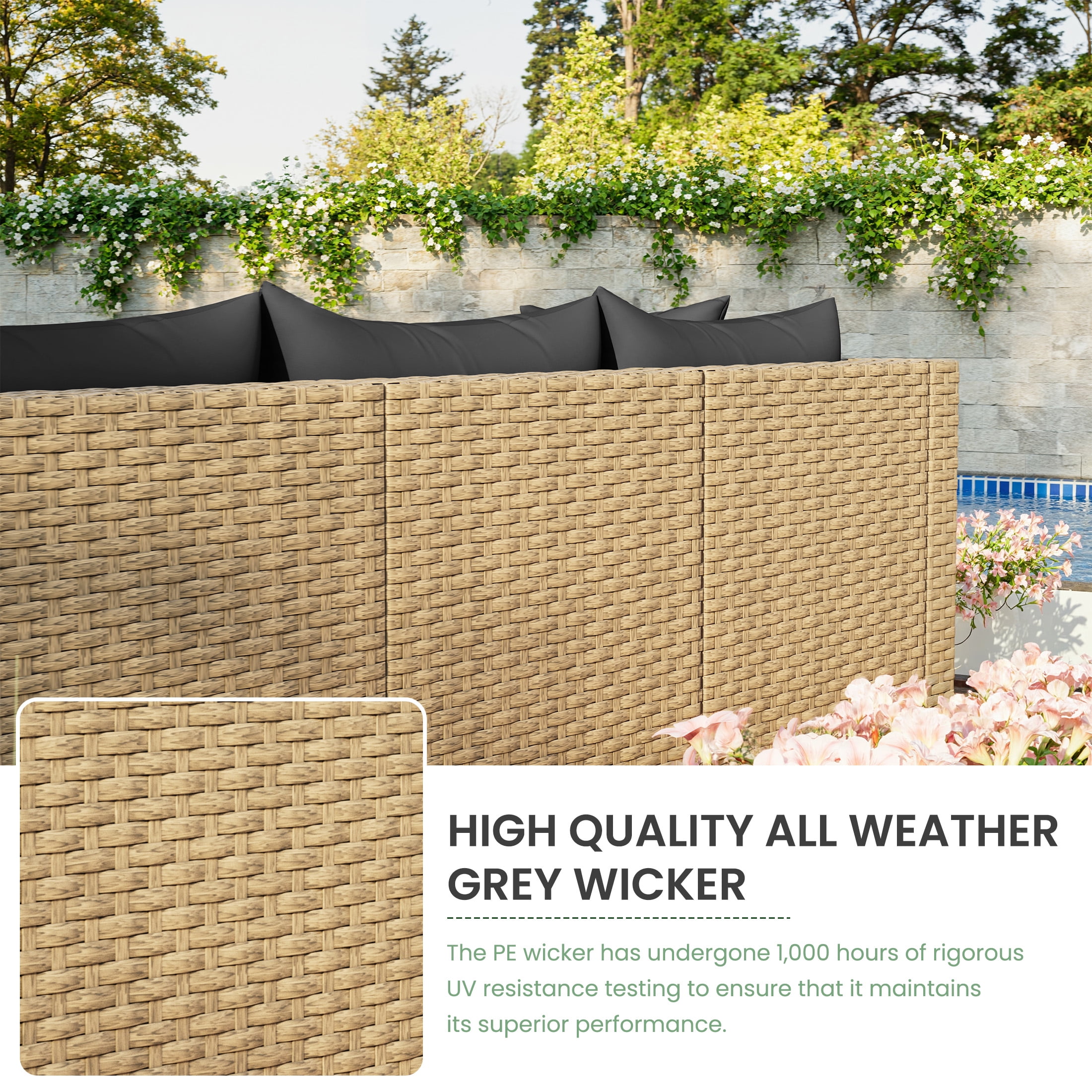 POTEBAN Patio Furniture Set, 7-Piece Outdoor Sectional All-Weather Wicker Patio Conversation Set for Backyard (Black Cushions with Gray Rattan)