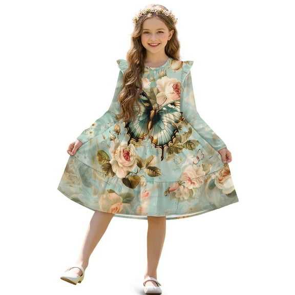 FKELYI Retro Butterfly Flower Print Long Sleeve Dress for Girls Tiered Swing Pleated Twirly Dress for Spring Fall Pactchwork Sundress A-Line Flowy Casual Dresses, 9-10 Y
