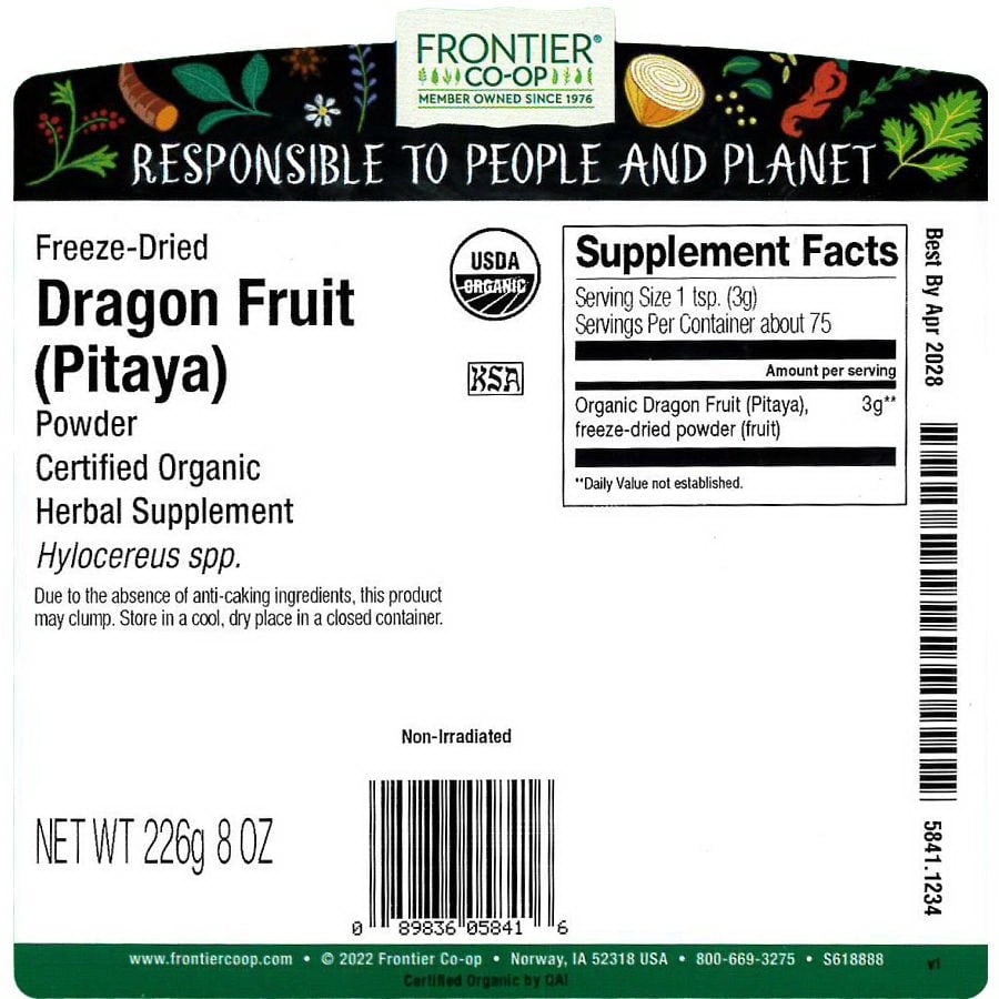 Frontier Co-op Freeze-Dried Dragon Fruit (Pitaya), Organic 1/2 lb.