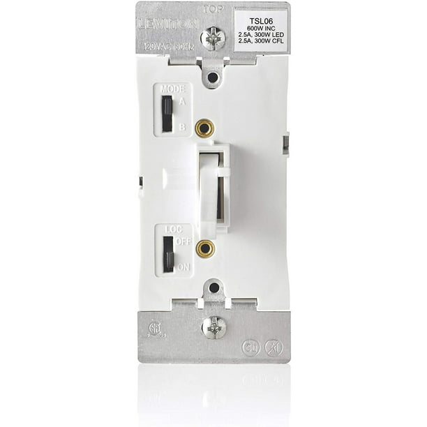 Leviton TSL06-1LW Toggle Slide Universal Dimmer, 300-Watt LED and CFL, 600-Watt Incandescent and Halogen for Single Pole or 3-way, with light, 1-Pack, White - Walmart.com