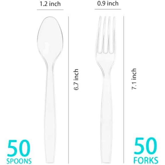 100 Count Plastic Silverware, Heavy Weight Plastic Forks Spoons Disposable Utensils Cutlery Set for Wedding Party Supplies Everyday Use