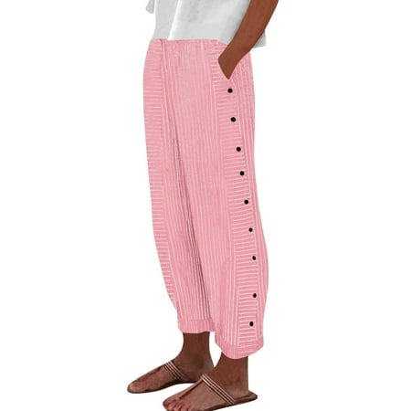 Prdecexlu Cotton Linen Cropped Pants for Women Side Button Beach High Waist Striped Casual Capris Baggy Wide Leg Summer Loose Trousers with Pockets Light pink L