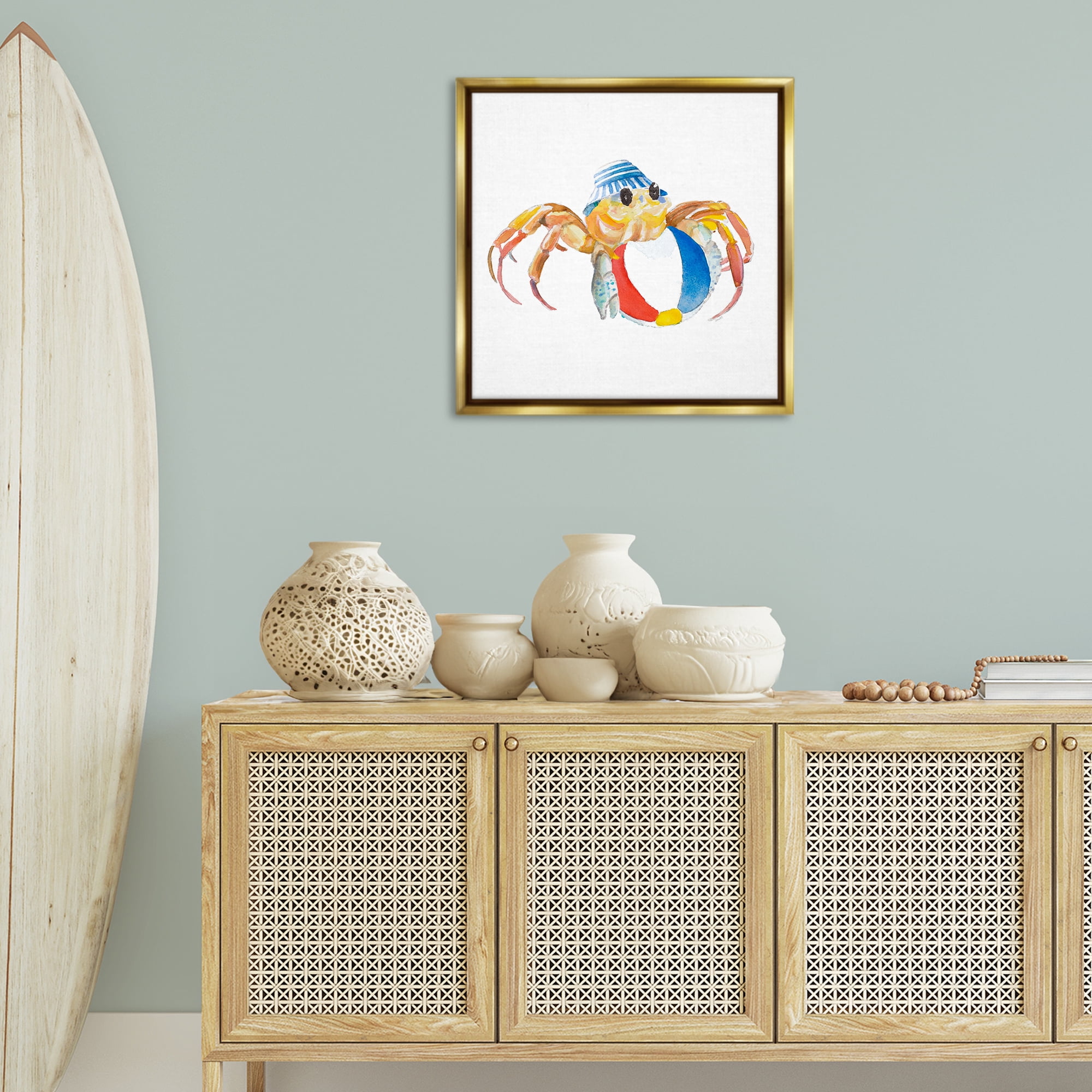 Stupell Industries Beach Ball Crab Novelty Painting Gold Floater Framed Canvas Art Print Wall Art, 25 x 25