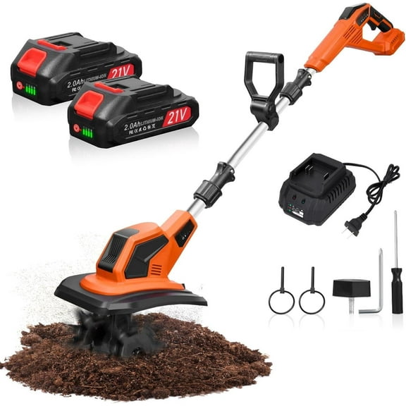 Cordless Tiller Cultivator, 21V 360RPM Electric Garden Tiller with 2x2.0Ah Battery & Charger, Battery Powered Garden Cultivator, 9" Width, 6.7" Depth, 48 Steel Tines Garden Rototiller for Gardening
