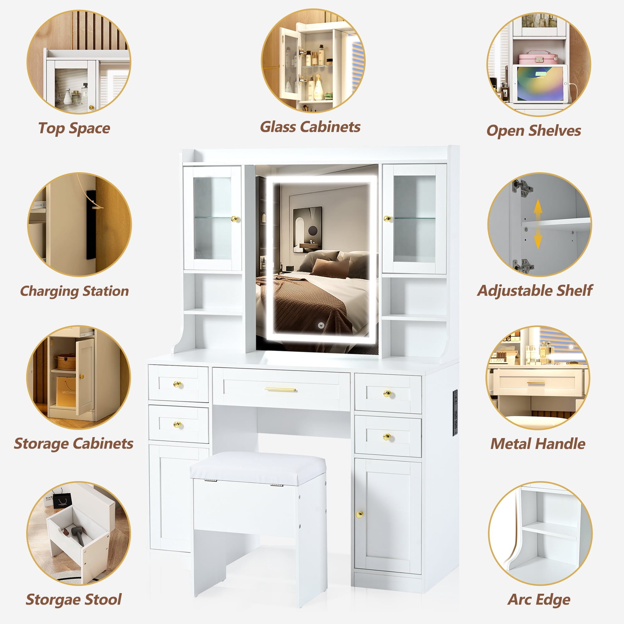 Euroco White Makeup Vanity with Lighted Mirror, 5 Drawers, 2 Cabinets and Charging Station, Vintage Style Dresser for Bedroom