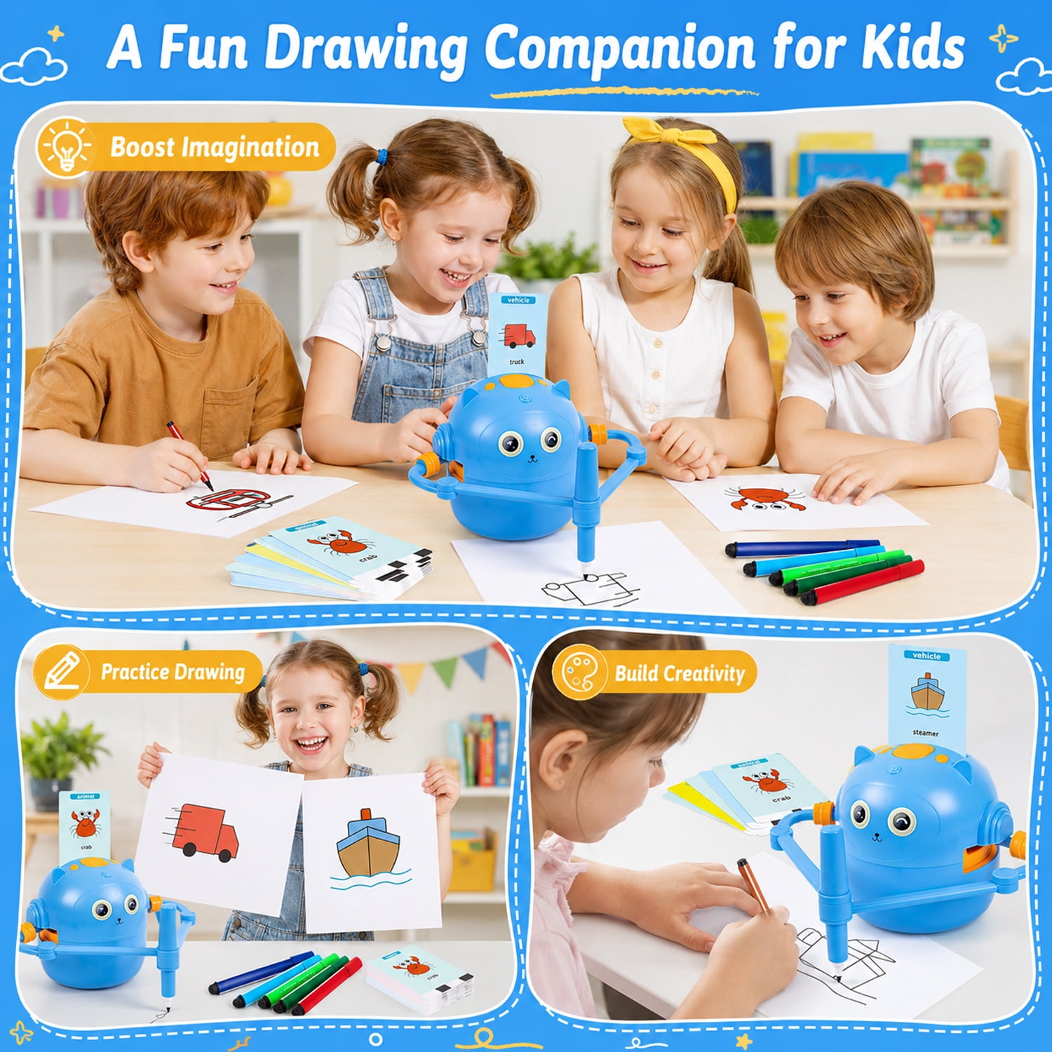 Drawing Robot for Kids, Interactive Educational Drawing Robot with Voice Interaction, Magic Painting Robot Toy with 100 Word Cards & 16 Color Pens for Girls and Boys Age 3+ (Blue)