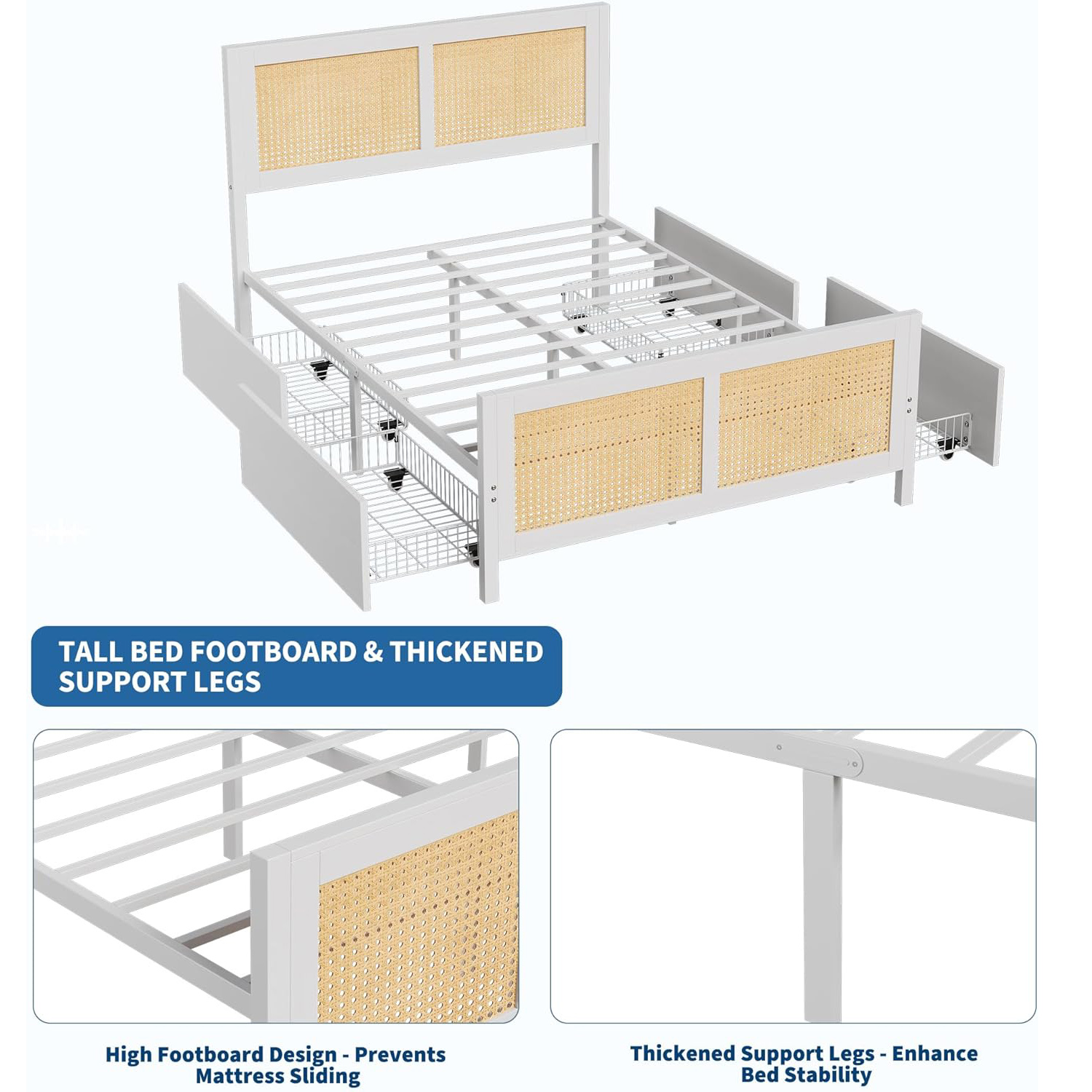 Tzou Rattan Bed Frame with Headboard & 4 Drawers - Boho Queen Size Platform Bed, LED Lights, 800 lb Capacity, No Box Spring, White